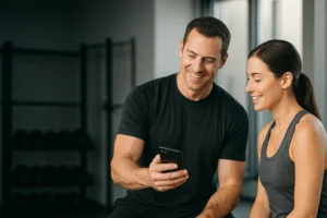 Personal trainer showing a workout plan on a smartphone to a client in a modern gym.