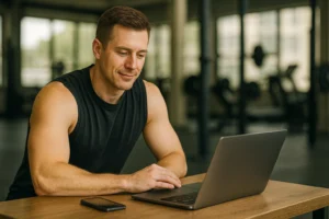 Personal trainer working on a laptop in a gym, with a smartphone on the desk.