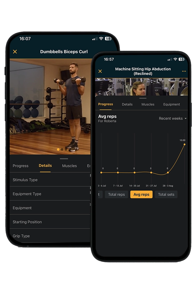 Two smartphones displaying the PersonalGO fitness app — one showing exercise details, the other showing a progress graph of reps over time