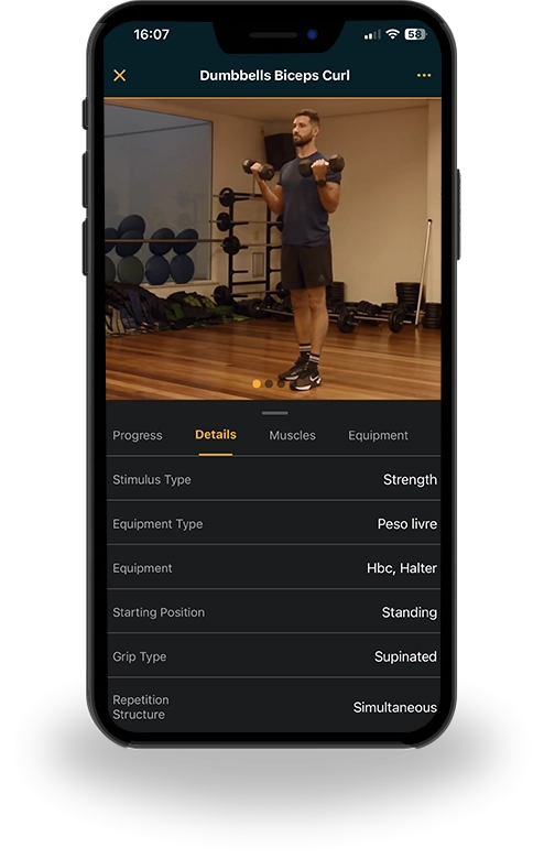 Smartphone showing the PersonalGO app with detailed exercise information for the machine fly — including type, equipment, and starting position.