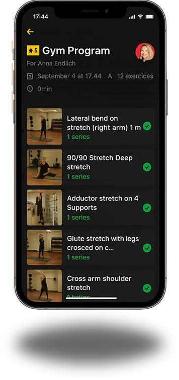 Smartphone screen showing a hypertrophy workout session in the PersonalGO app, with a list of completed exercises, sets, and reps.