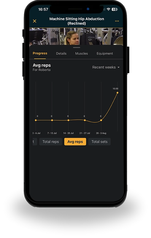 Android smartphone displaying the PersonalGO app with a workout progress chart showing total reps over time for a specific exercise.