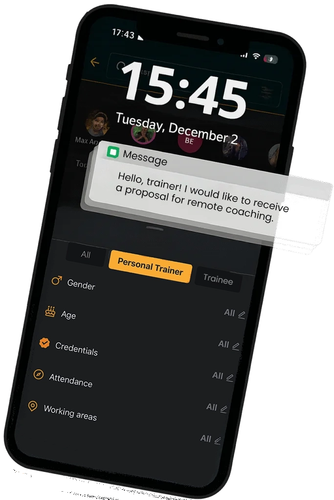 Smartphone showing PersonalGO app interface with a notification message requesting remote coaching from a client.