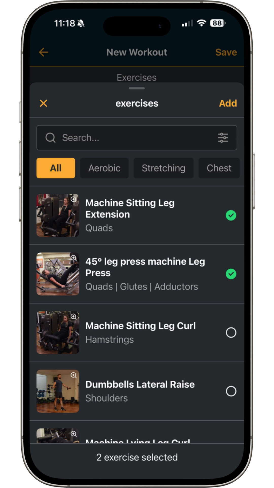 Exercises screen