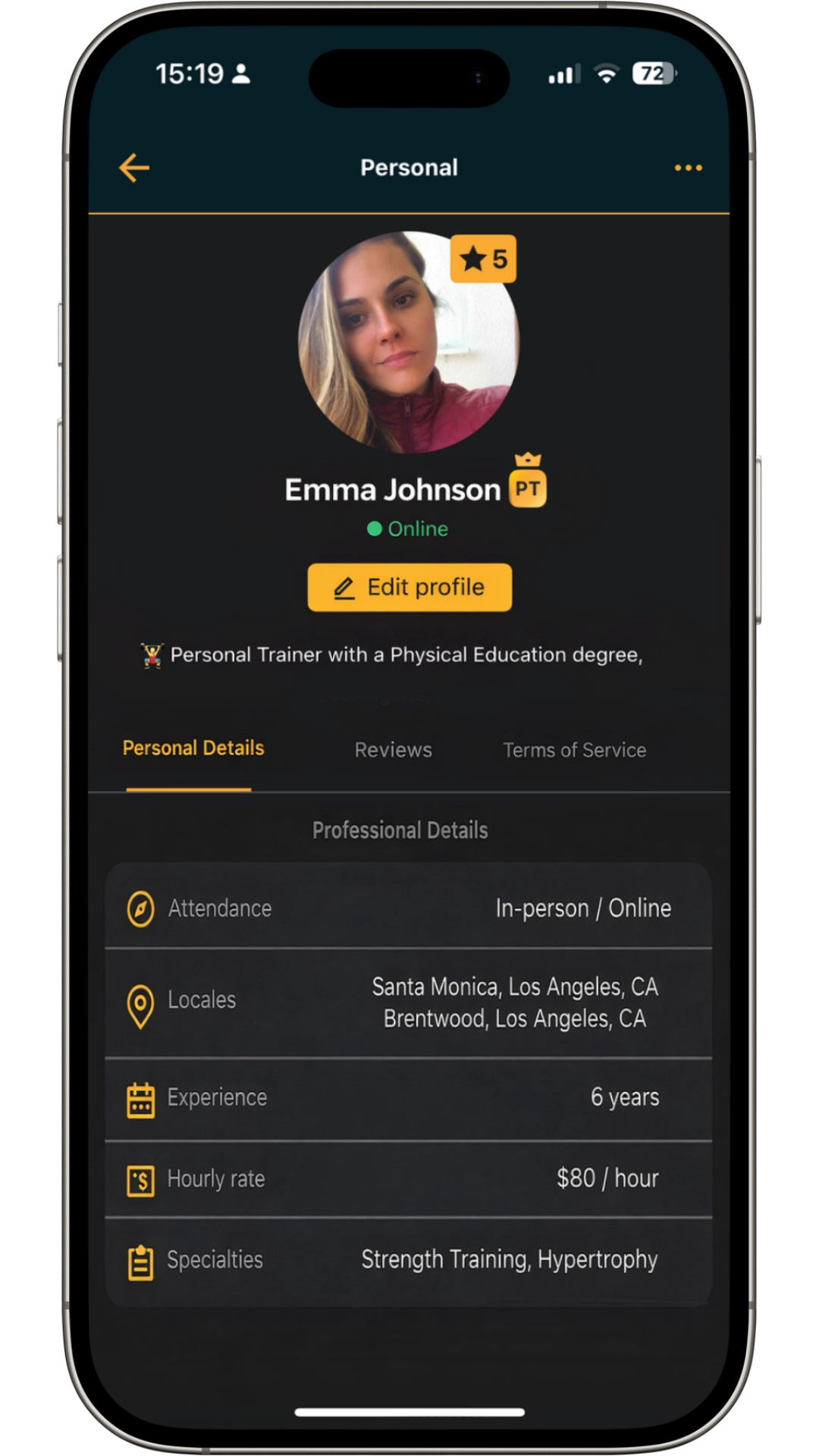Personal trainer screen mockup