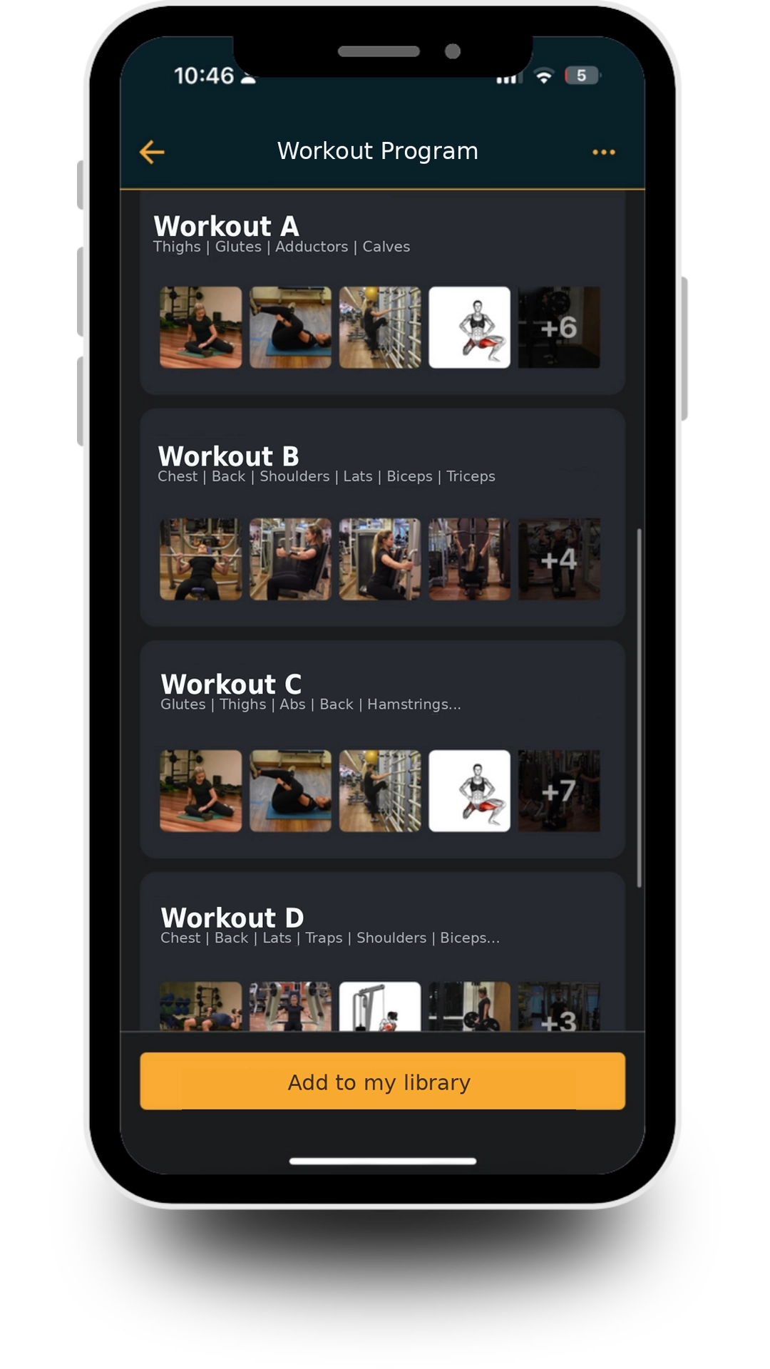 Workout program app screen
