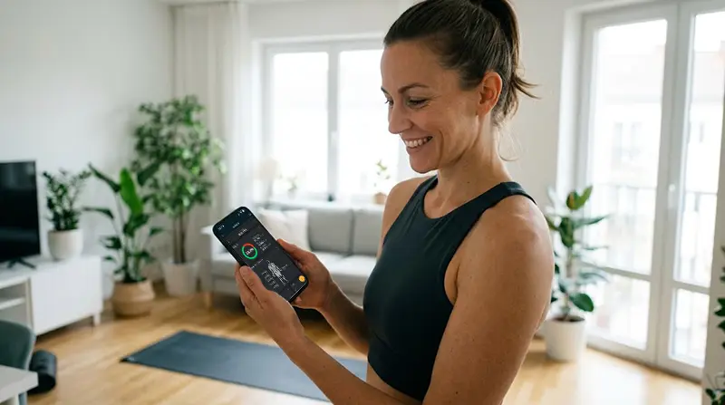 Fitness client checking their body recomposition progress on a smartphone using the PersonalGO app