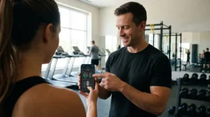 Personal trainer pointing to progress charts on a client's smartphone inside a gym to discuss body recompositio