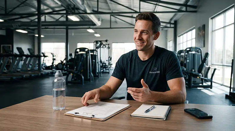 Smiling personal trainer conducting a fitness assessment consultation with a client at a desk inside the gym