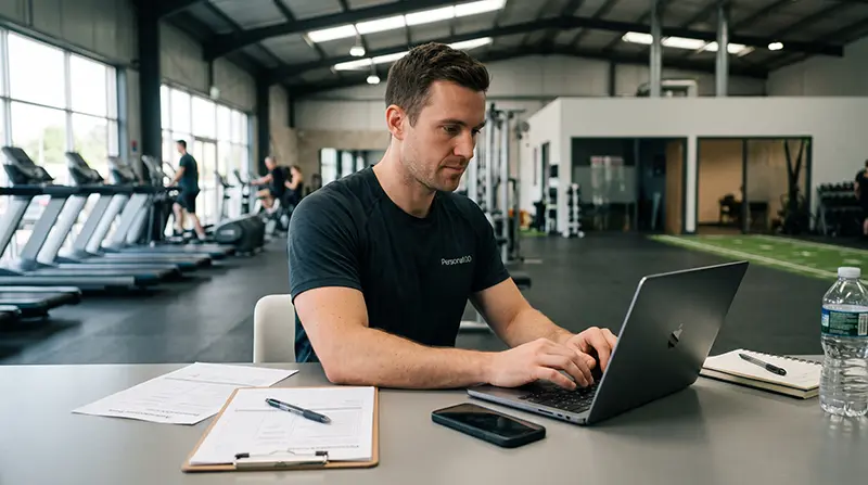 Personal trainer using a digital fitness assessment on a laptop to track client progress in a gym office